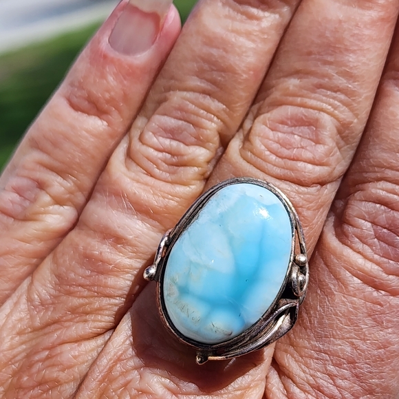 925 Sterling Silver Jewelry - Vintage sterling silver ring size 8 with blue Larimar stone Fine Jewelry